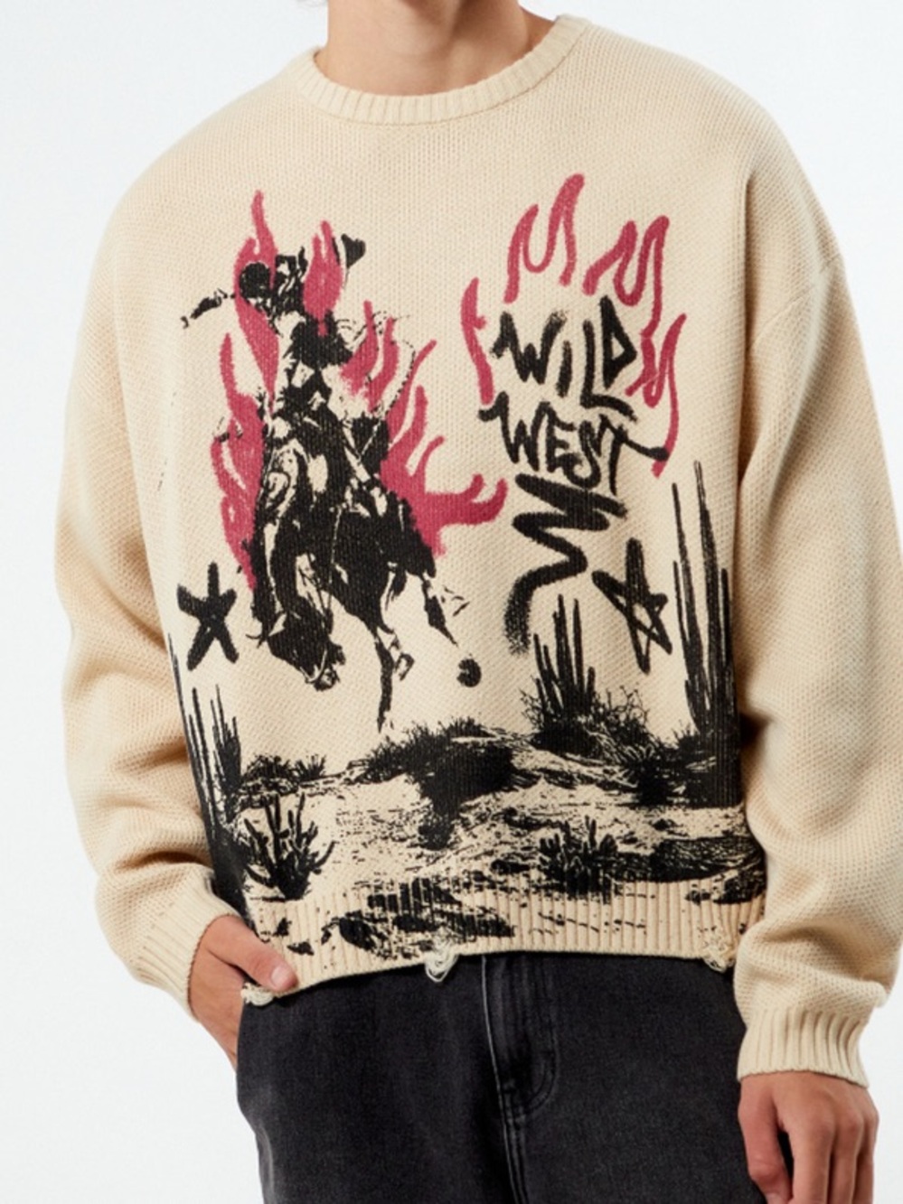 PacSun‎ Men’s Beige Crewneck Cropped Sweater 'Wild West'- Medium, Western Cowboy
